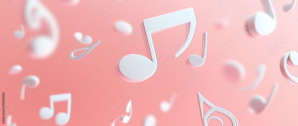 Poster pink background with floating 3d music notes.
