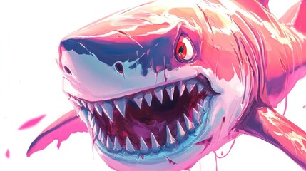 Naklejka premium Close-up of a vibrant, cartoonish, pink shark with an open mouth, showing sharp teeth.