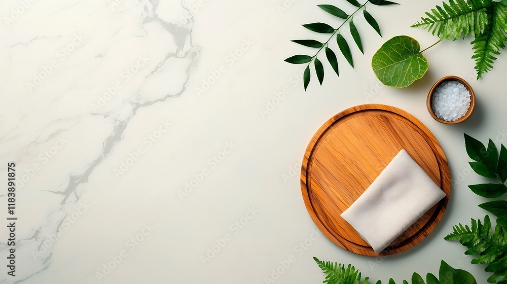Poster minimalist marble surface with a wooden board and soft fabric napkin viewed from a high angle perspe