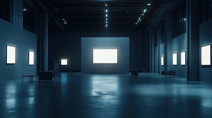 Dark gallery interior with blank frames, illuminated wall, and empty seating.