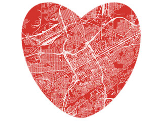 Heart-Shaped Map of Birmingham Alabama, USA in Bold Red and White Design.