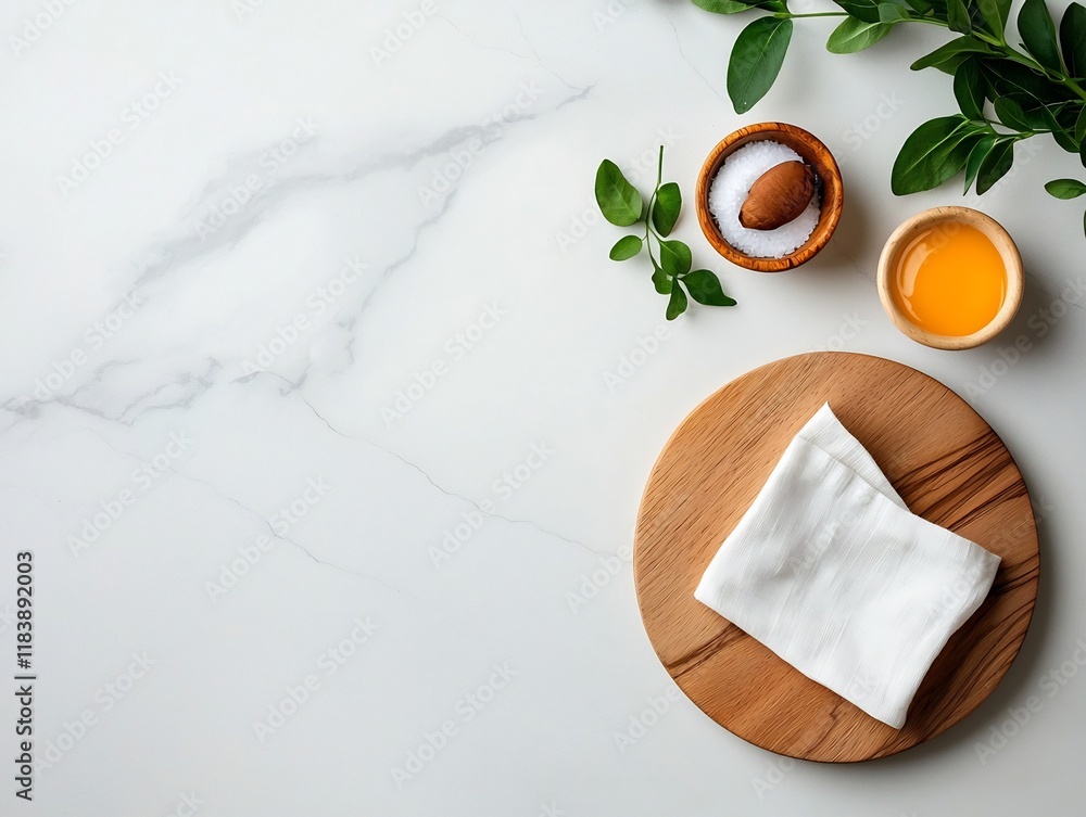 Aufkleber overhead view of a simple and elegant culinary scene with a wooden cutting board and delicate linen 