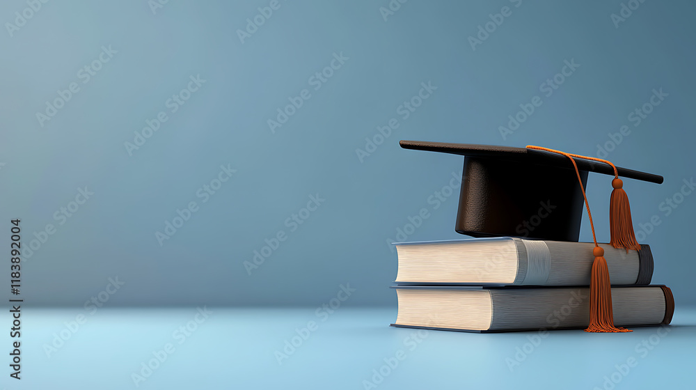 Poster minimal background for online education concept, book with graduation hat on blue background, 3d ren