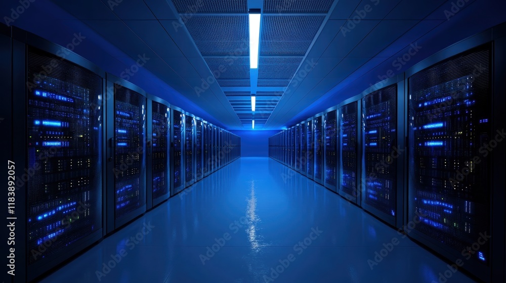 Poster high-tech data center corridor illuminated with blue lighting and rows of server racks