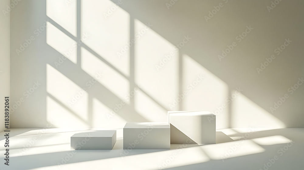 Poster Minimalist design for presentation and product display, white square podiums with sunlight and shadow background