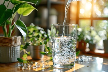 Water Pouring into Glass: A Detailed close-up of Refreshing Clarity 