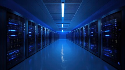 High-tech data center corridor illuminated with blue lighting and rows of server racks