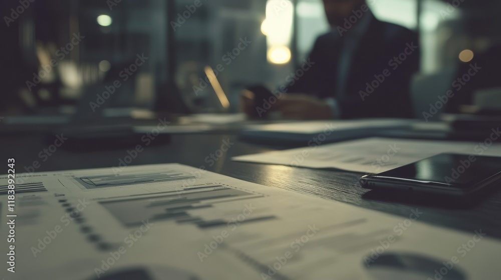 Aufkleber business documents on office table with smart phone and digital tablet and graph financial with soci