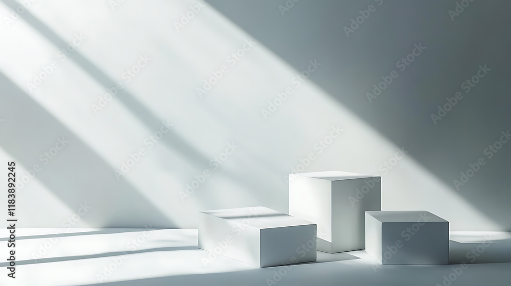 Poster minimalist design for presentation and product display, white square podiums with sunlight and shado