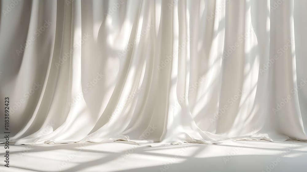 Poster Minimalistic abstract gentle white background with light and shadow of window curtains on wall
