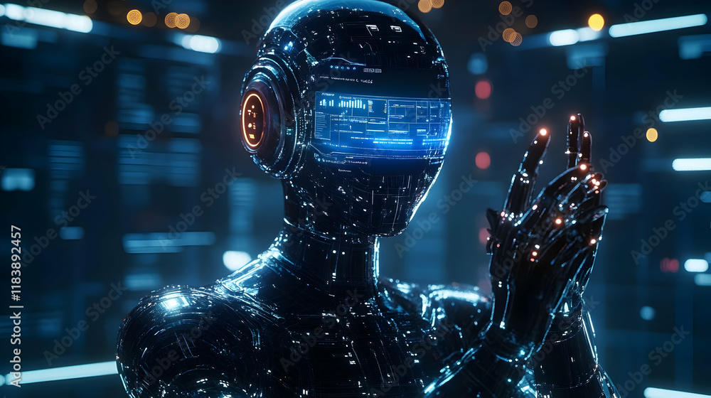 Poster chrome robot gestures in tech server room