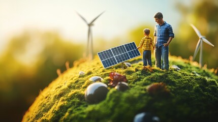 A father and son holding solar panels on a globe covered in grass with windmills on it.