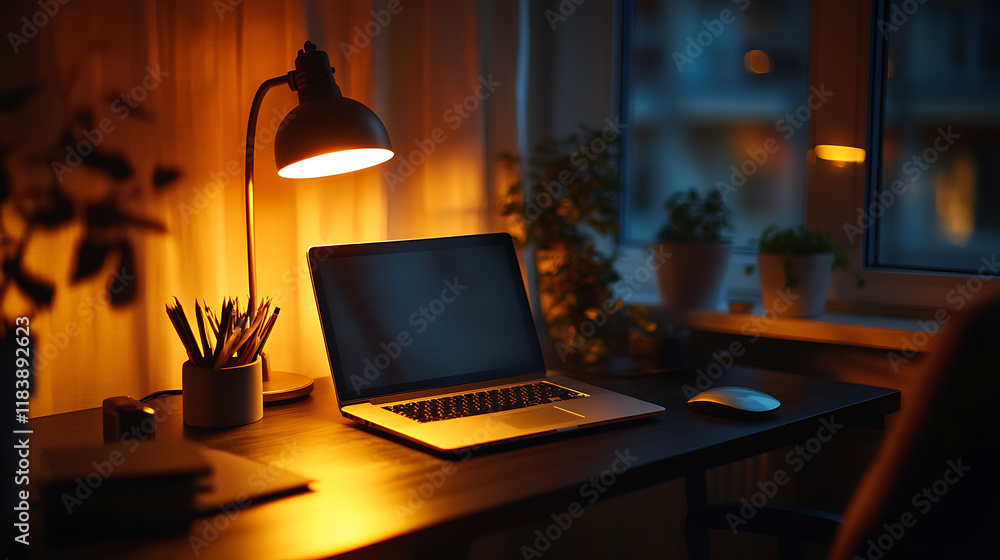 Poster modern dark wooden office desk at night under the warm light from table lamp with laptop computer, a