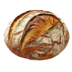 Rustic sourdough loaf with a crackly crust on a clean white surface, ideal for culinary presentations and digital designs