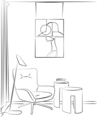 Interior design with modern living room in black sketch line on white background, vector, illustration