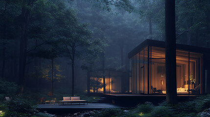 Fototapeta premium Modern luxury villa exterior in minimal style for luxury glamping, glass cottage in the woods at night, modern cabin house in deep forest