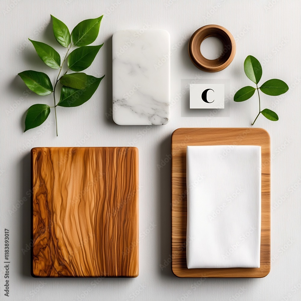 Poster minimalist overhead tabletop display with a smooth marble surface natural wooden board and pristine 