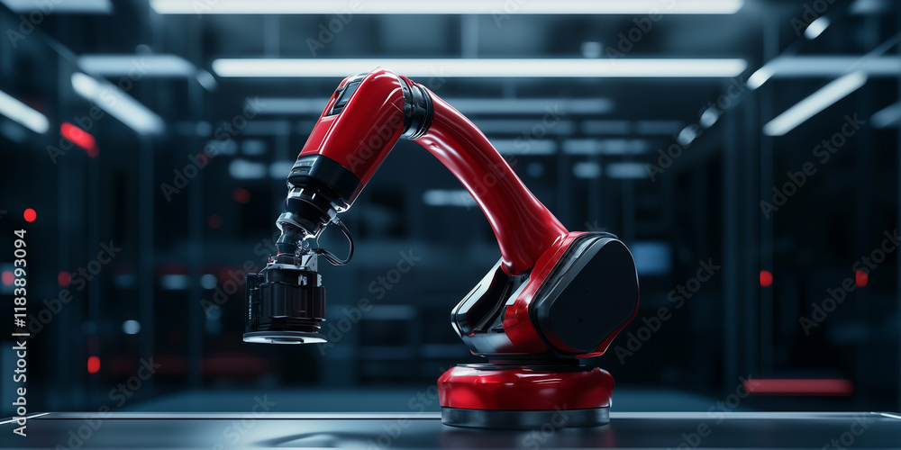 Poster sleek red robotic arm operates in futuristic industrial setting, showcasing advanced technology and 