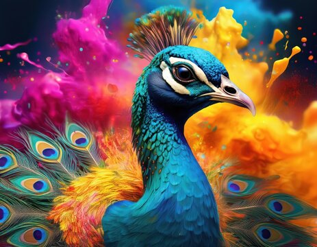 A proud peacock displays its beauty amid vibrant colors of Holi.