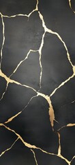 Golden cracks repairing black marble surface, showing resilience and beauty. Seamless black and golde marble pattern