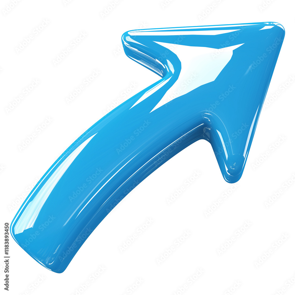 Poster glossy blue curved arrow pointing upward and to right, isolated on transparency background, symboliz