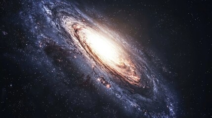 A distant view of a spiral galaxy with a black hole at its center, creating gravitational distortions