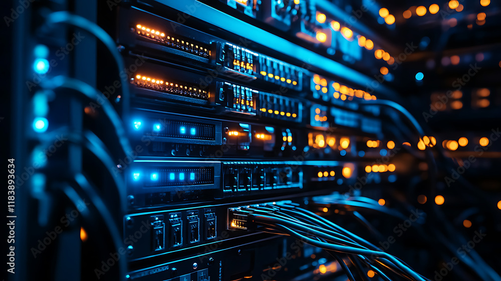 Poster network server panel, switch and patch cord cable in data center glowing in the dark, blue led