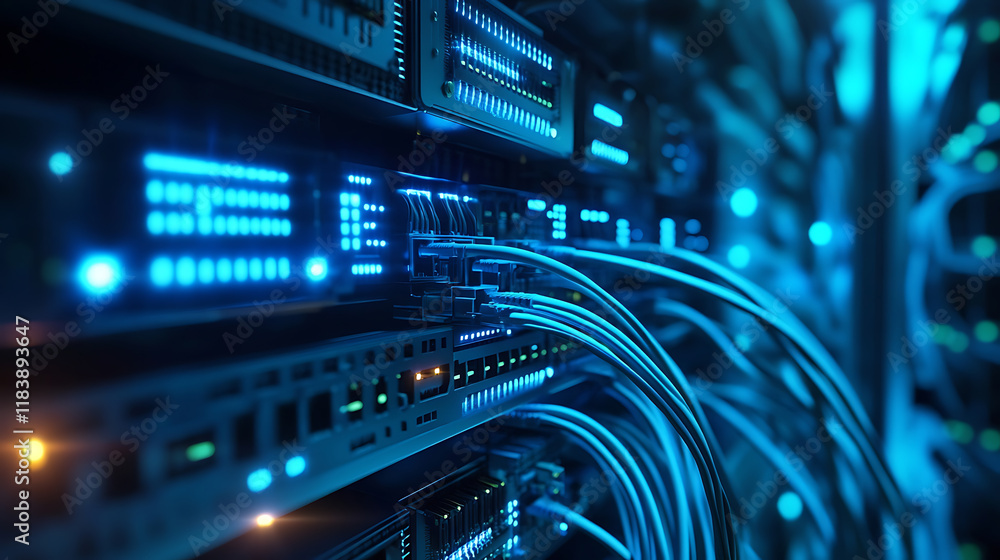 Aufkleber network server panel, switch and patch cord cable in data center glowing in the dark, blue led
