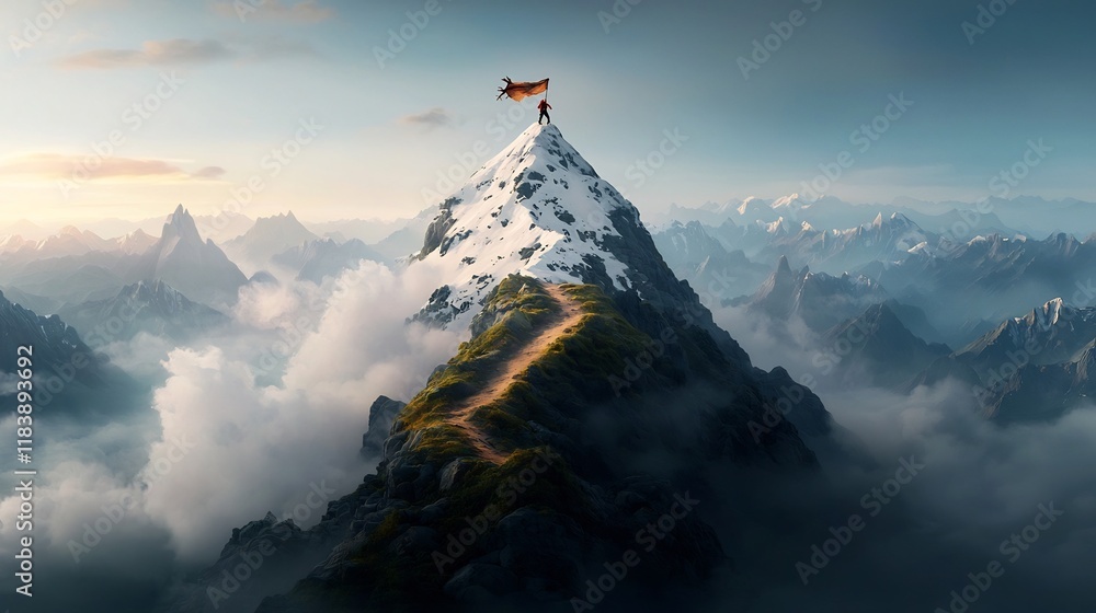 Poster intrepid explorer s triumphant ascent of a rugged snow capped peak in the wilderness determined adve