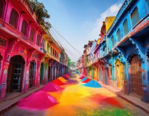 Fototapeta premium A lively street adorned with vibrant colors representing the joyous spirit of Holi celebrations.