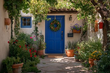 Sunlit courtyard with blue door, stone path, potted plants, and wreath.
