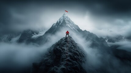 A seasoned climber making their way up a rugged winding mountain path their focus unwavering as they navigate the treacherous terrain determined to reach the flag topped peak above
