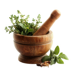 Rustic wooden mortar and pestle with fresh herbs on a clean white surface, ideal for culinary and herbal applications