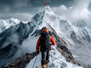 Adventurous mountaineer trekking up a treacherous alpine trail jagged cliffs and glacier capped mountains in the background hiker s face marked by determination as he pushes onward