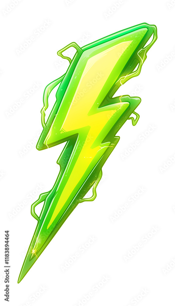 Poster vibrant neon green electric bolt with glowing sparkles and energy effects, isolated on transparent b
