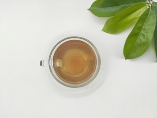 Soursop leaf boiled water in glass on white background. Top view angle setup. Healthy drink lifestyle 