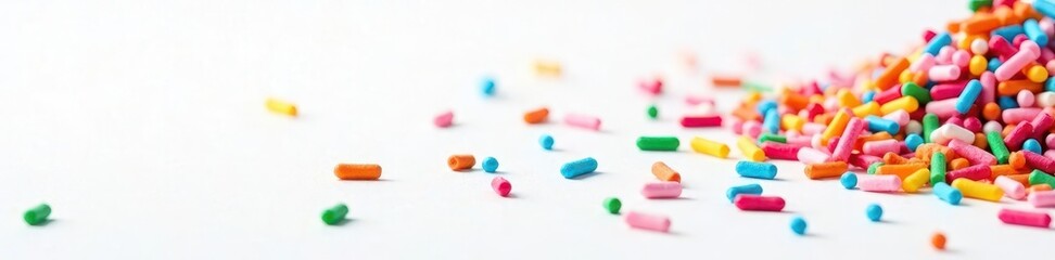 Rainbow sprinkles scattered on white background, festive, candy