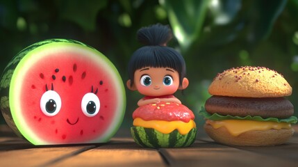 Cartoon girl with watermelon and burger food illustration.