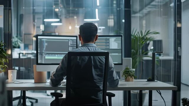 back view of man programmer working with computer in modern office