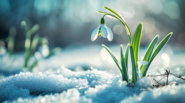Snowdrops emerging from snow, signaling spring's arrival, against a backdrop of soft blue light, imbolc theme