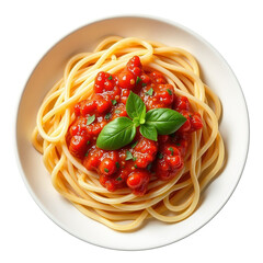 Spaghetti pasta with tomato sauce and basil on transparent background