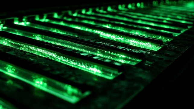 Close-up of illuminated green circuit board lines.