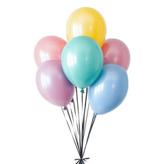 Vibrant collection of balloons in various colors, securely tied, set against a clean white backdrop for a cheerful visual effect