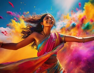 A joyous celebration of Holi with colorful powders filling the air, woman is dancing on the street