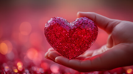 Glittering red heart ornament held gently in palm, love symbol