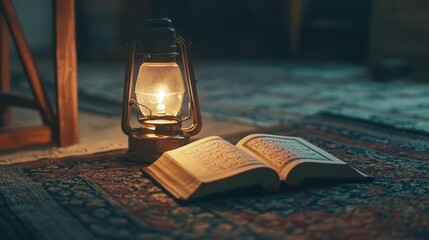 Illuminated Quran on prayer rug, warm lamp light.