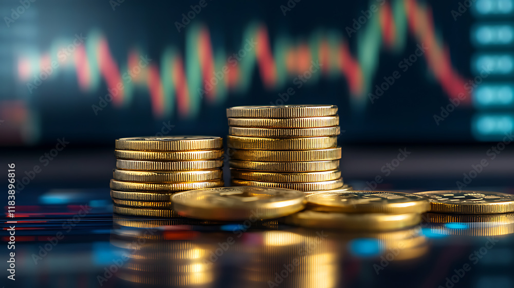 Poster stack of gold money coin with trading graph, financial investment concept can be use as background