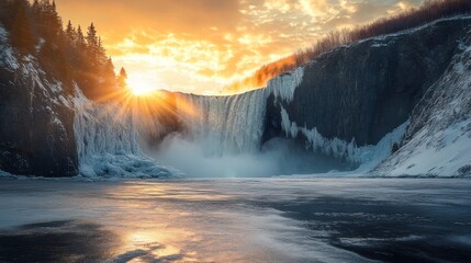 Naklejka premium The big and beautiful Montmorency falls near Quebec City at sunset on a cold winter day with light rays in the mist.