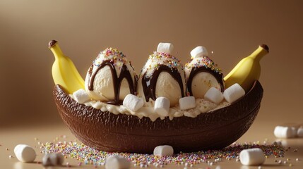 Delicious ice cream dessert in a chocolate banana boat.