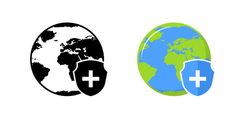 Earth icons. Shield icons. Silhouette and flat style. Vector icons.